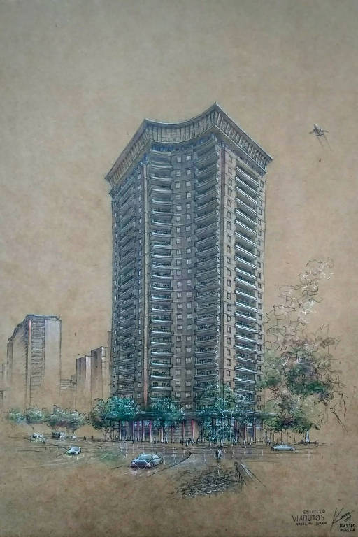 Edifício Viadutos, em desenho feito por Kassio Maeda para a mostra "Artacho Jurado, Arquiteto?", em cartaz no Museu da Cidade - Chácara Lane