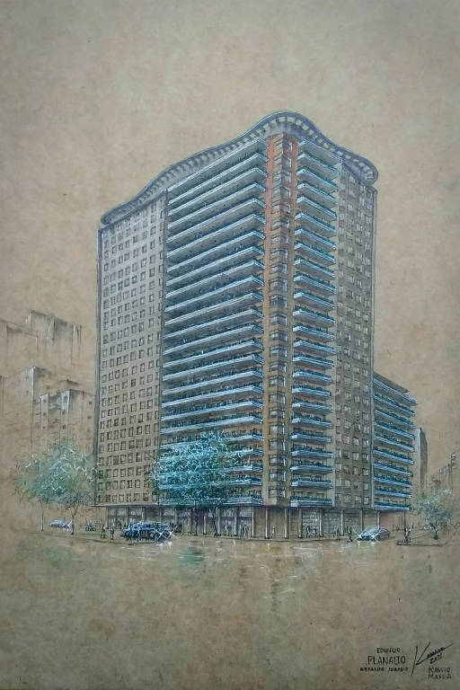 Edifício Planalto, em desenho feito por Kassio Maeda para a mostra "Artacho Jurado, Arquiteto?", em cartaz no Museu da Cidade - Chácara Lane