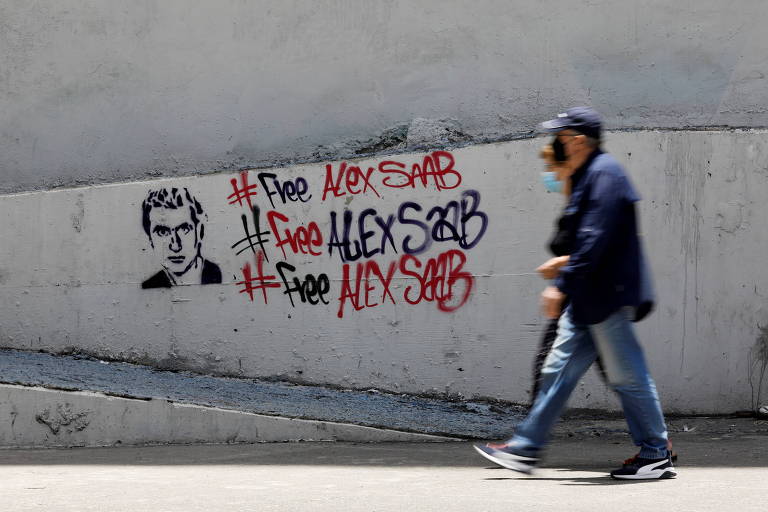 Grafite em rua de Caracas em apoio ao empresário Alex Saab, aliado de Nicolás Maduro