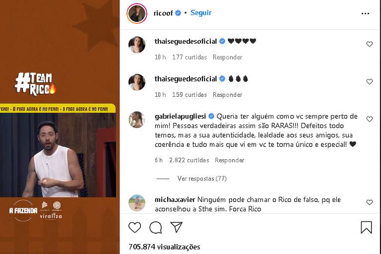 Pugliesi elogia Rico no perfil dele no Instagram