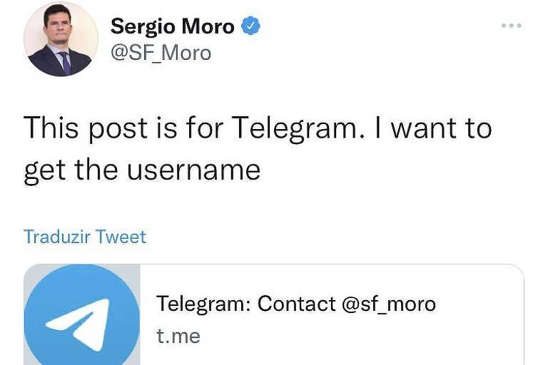 Sergio Moro posta link em sua conta no Twitter para canal no Telegram fora do ar por veicular conteúdo pornográfico