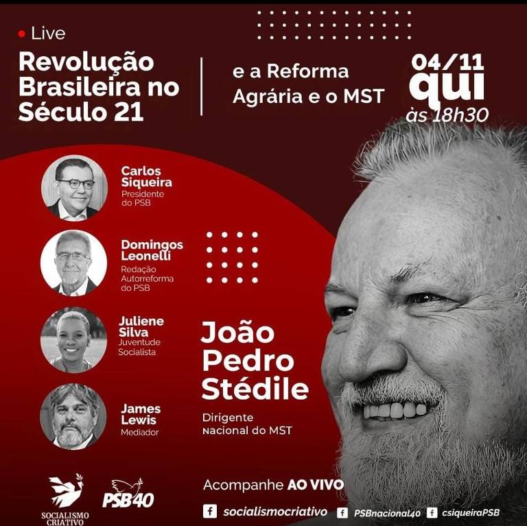 Card de divulgação de live do PSB com João Pedro Stédile, do MST