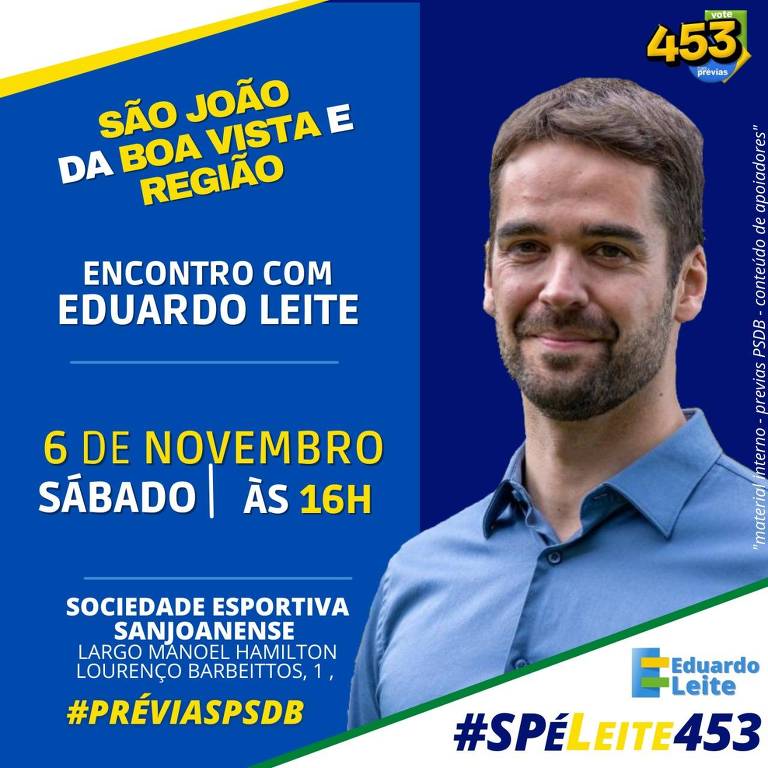 Card de divulgação de encontro com Eduardo Leite (PSDB) em São João da Boa Vista