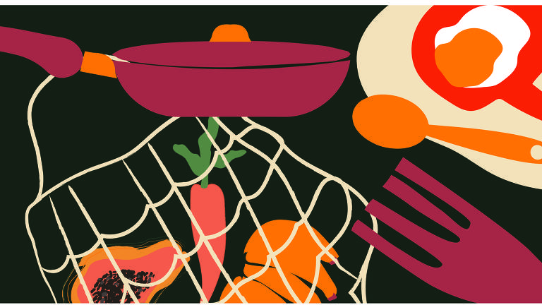 Ilustração em fundo preto mostra diversos desenhos em tons de laranja, bege e bordô relacionados a cozinhas: panelas, talheres, sacolas com cenoura, mamão e uma frigideira com um ovo frito.