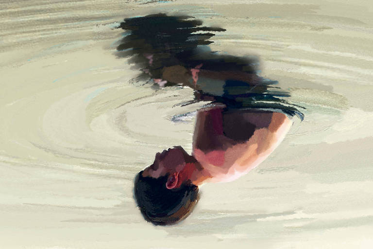 Ilustação de ponta cabeça representa um garoto submerso até o torax