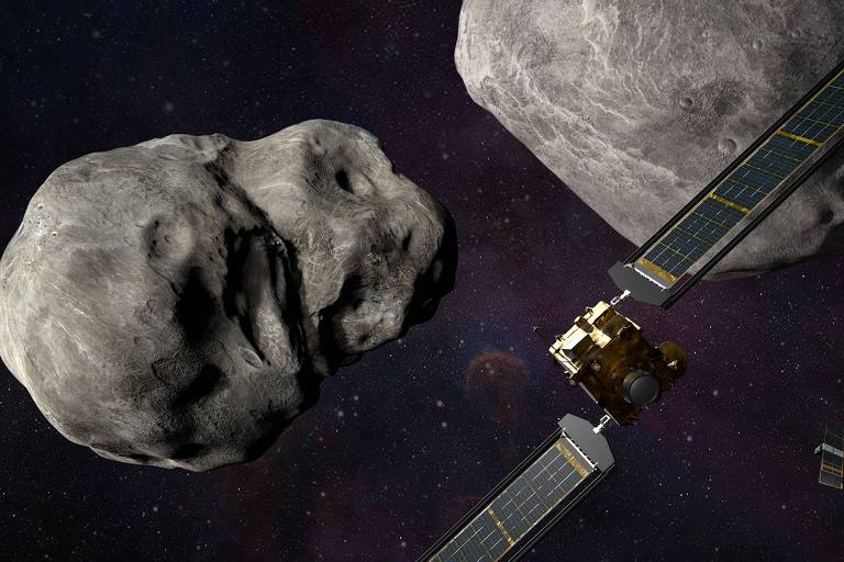 Ilustração de uma nave espacial em meio a asteroides no espaço 