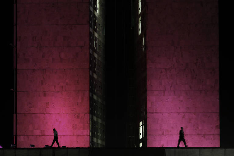 Detalhe da fachada dos prédios do Congresso, iluminados de rosa