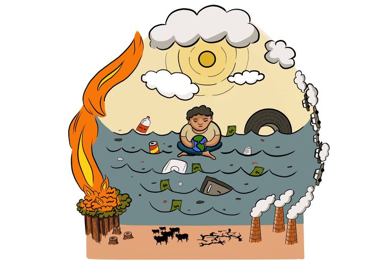 Ilustração mostra ao centro pessoa segurando o planeta terra. Ela está rodeada de problemas ambientais: água poluída, com pneus, garrafas e dinheiro. Ao seu redor fogo e fumaça, vinda de queimadas, fábricas e escapamentos de veículos.