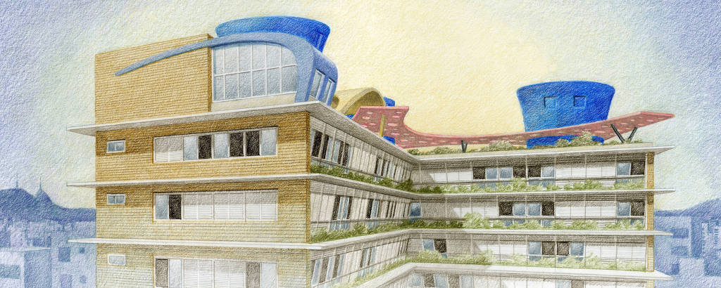 Desenho feito a lápis de cor mostra edifício em tons de rosa, azul e amarelo, com jardineiras cheias de plantas, contrastando com o fundo da cidade, em um tom azulado