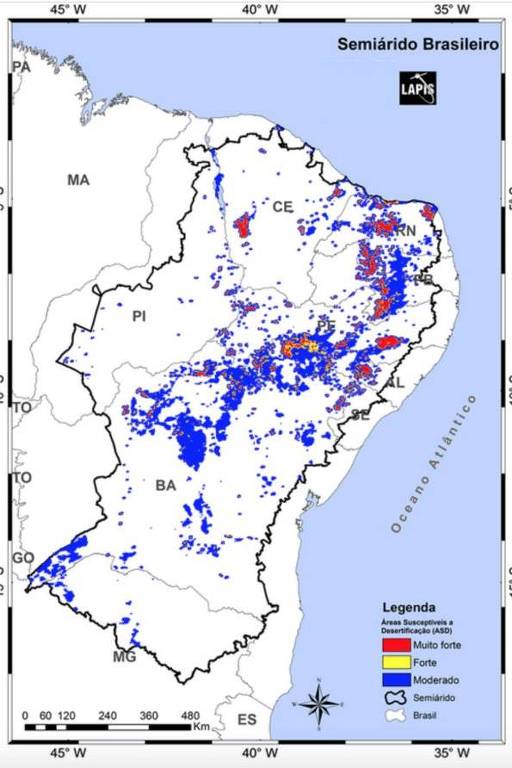 Ilustração mostra mapa do nordesta brasileiro e indicação de áreas suscetíveis à desertificação