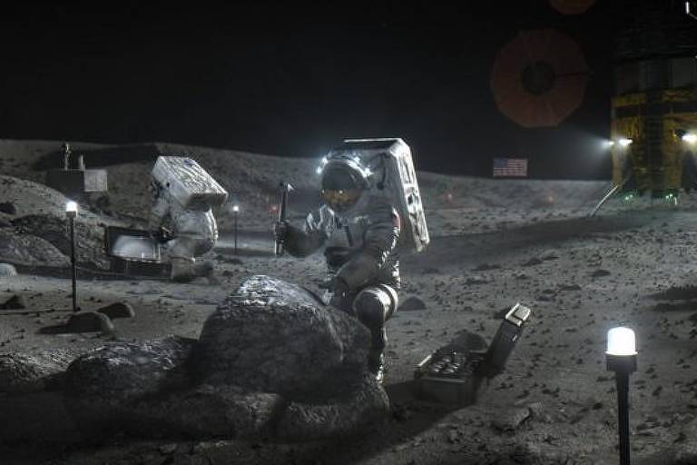 Imagem ilustrativa mostra astronautas em solo lunar