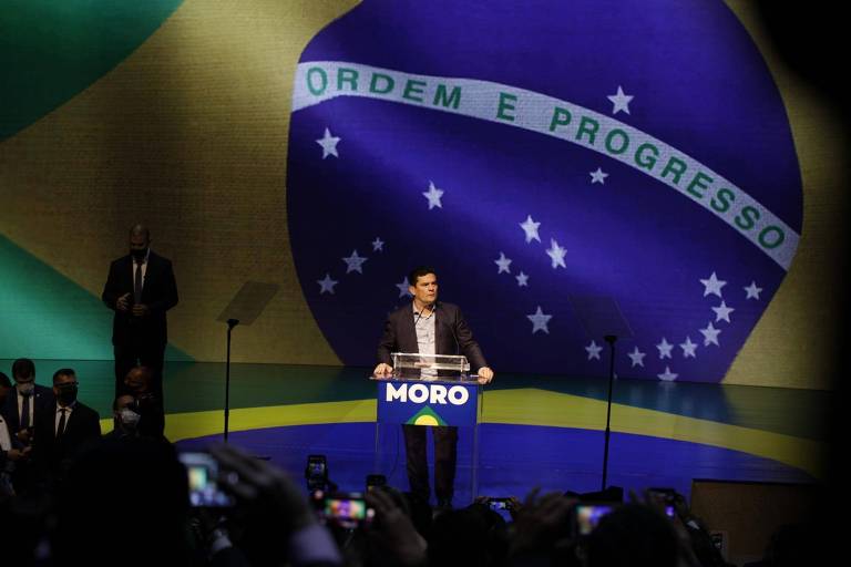 O ex-juiz e ex-ministro Moro durante seu discurso de filiação ao Podemos, em Brasília