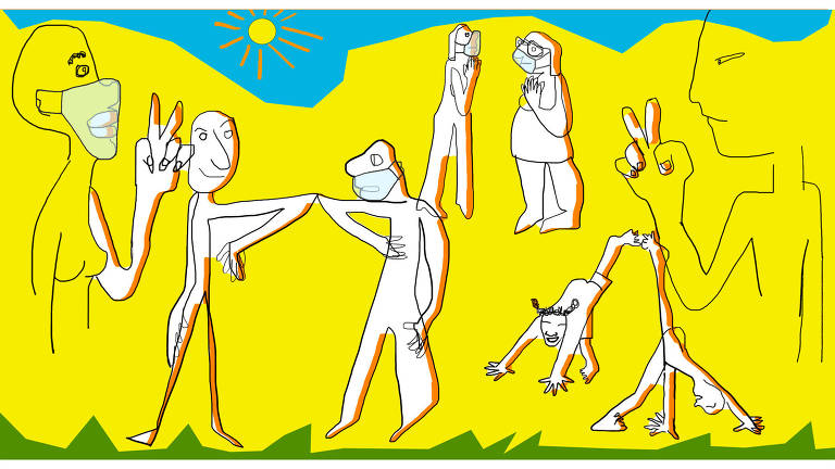 Ilustração representando pessoas de máscara conversando, se cumprimentando com o cotovelo, e crianças brincando