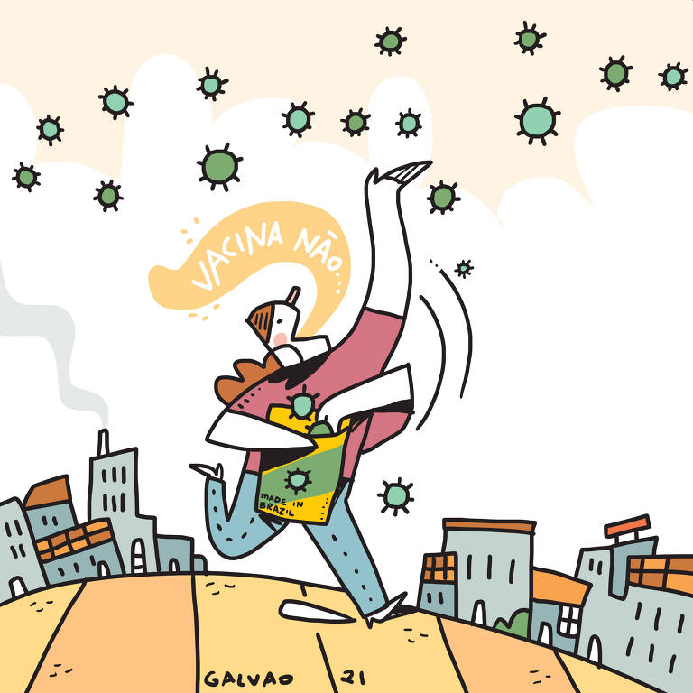 Ilustração representando uma pessoa que caminha pela rua da cidade pegando bolotas de coronavírus de um saco onde se inscreve "made in Brazil" e as jogando pelo ar, enquanto um balão de diálogo sai de sua boca dizendo "Vacina não"