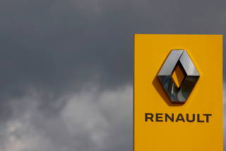 FILE PHOTO: Logo of Renault carmaker is pictured at a dealership in Les Sorinieres