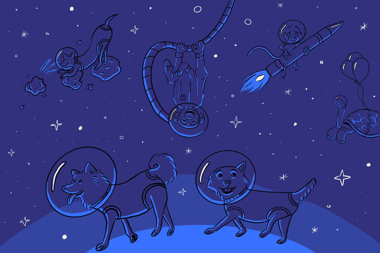 Ilustração com fundo azul escuro mostra diversos animais no espaço sideral: duas cachorrinhas, Belka e Strelka, passeiam sobre a Terra. Acima delas à esquerda, a cachorrinha Laika brinca com asteróides. Ao seu lado um chimpanzé brinca de ponta cabeça, ao lado dele, um macaquinho Albert II, voa agarrado a um foguete. Abaixo dele, uma tartaruga flutua presa por balões.