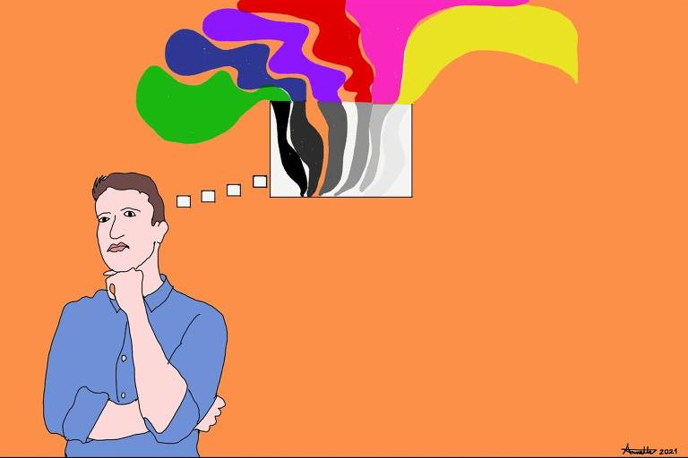 Um jovem rapaz usando uma camisa azul, apoia o queixo sobre a mão esquerda olhando para o horizonte numa expressão de pensamento. Acima de sua cabeça, um balão de pensamento quadrado contendo fumaça nas cores verde, azul-marinho, roxo, vermelho, rosa e amarelo. O fundo da ilustração é laranja