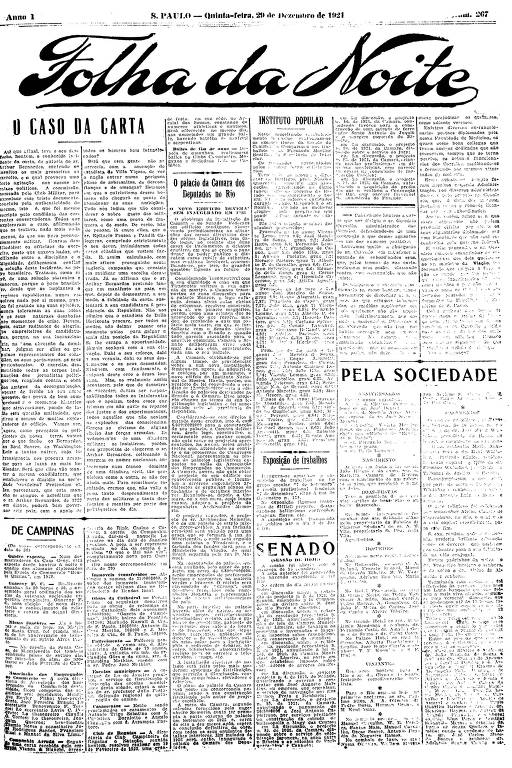 Primeira Página da Folha da Noite de 29 de dezembro de 1921
