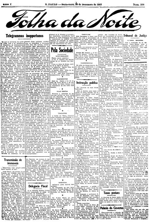 Primeira Página da Folha da Noite de 30 de dezembro de 1921