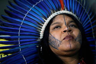 FILE PHOTO: Indigenous Leader Sonia Guajajara of the Guajajara tribe looks on after meeting with the parliamentary front in defense of the rights of indigenous people in Brasilia