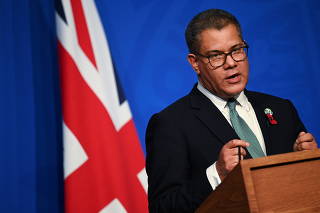 Britain's President for COP26 Alok Sharma speaks during a news conference following the the UN Climate Change Conference (COP26)