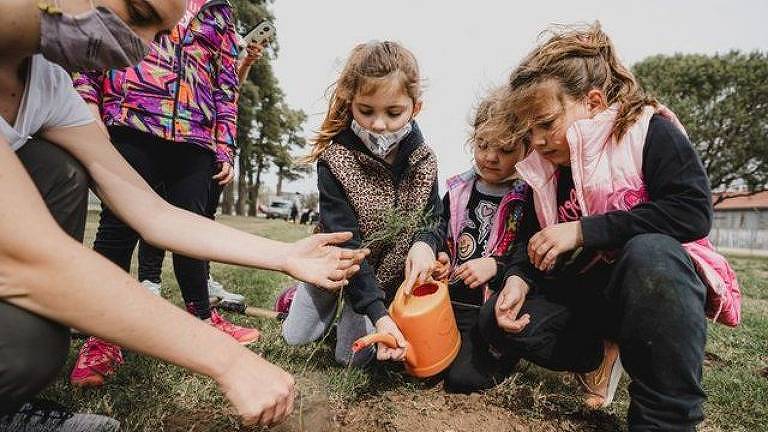 Como parte do Roots & Shoots, que foi levado para a Argentina, crianças fazem reflorestamento