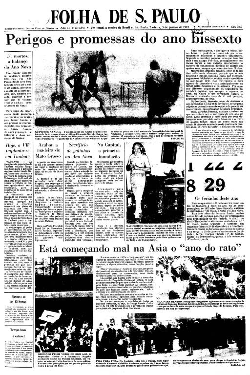 Primeira Página da Folha de 3 de janeiro de 1972