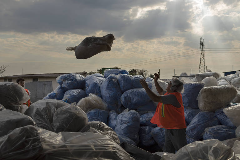 Funcionários trabalhando em uma empresa que recicla plástico, no Paraná