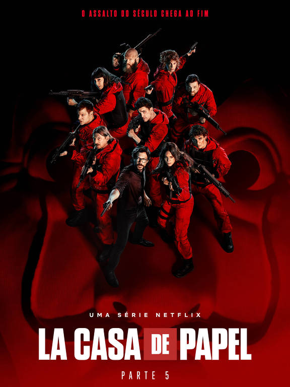 Pôster todo em cores vermelhas que mostra os personagens da série La Casa de Papel juntos segurando armas