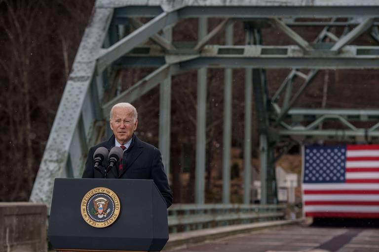 O presidente americano, Joe Biden, discursa no estado de New Hampshire