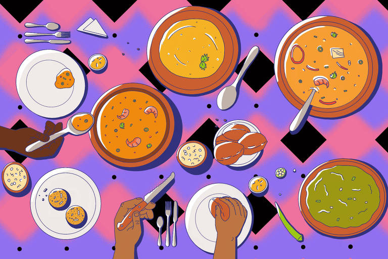 Ilustração mostra mesa de com diversas comidas em cima, vatapá, mungunzá, bobó, caruru, acarajé, moqueca. Mãos se servem