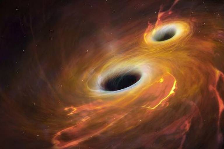 Imagem ilustrativa mostram dois buracos negros