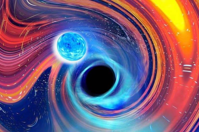 Imagem ilustrativa mostra uma estrela ao lado de um buraco negro