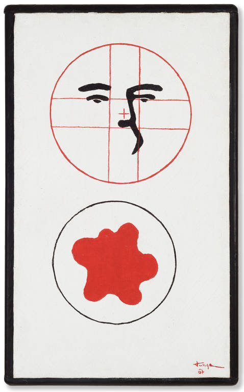 Pintura vertical de fundo branco com dois círculos. O primeiro lembra um rosto e o segundo tem uma mancha vermelha no centro