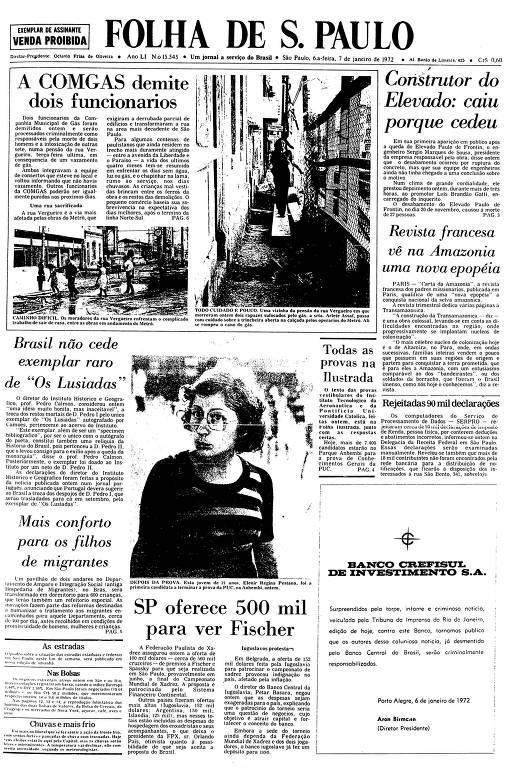 Primeira Página da Folha de 7 de janeiro de 1972