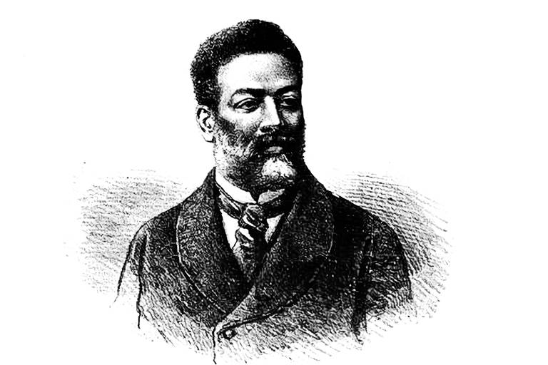 imagem em preto e branco mostra a ilustração de Luiz Gama, homem negro com cabelo curto e barbas volumosas, ainda que também curtas
