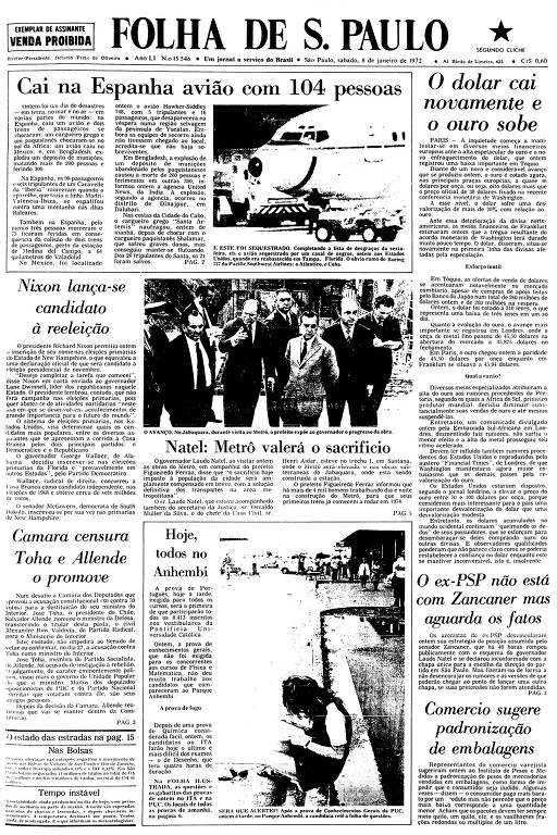 Primeira Página da Folha de 8 de janeiro de 1972