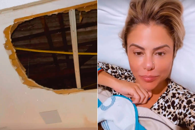 Poliana Rocha grava vídeo mostrando forro do teto de casa que caiu após chuvas em Goiânia
