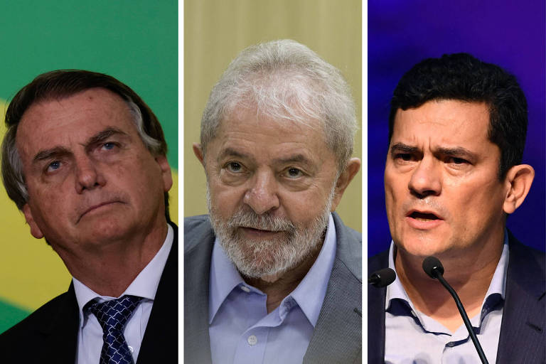 Montagem com rostos de Bolsonaro, Lula e Moro 