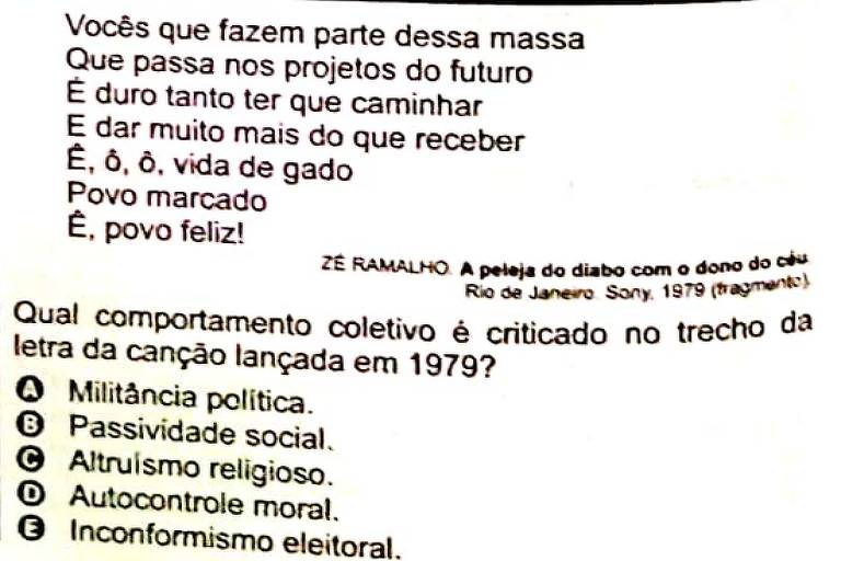 Questão do Enem com letra da música 'Admirável Gado Novo', de Zé Ramalho