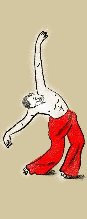 ilustração representando um homem branco dançando sem camisa e com calças vermelhas