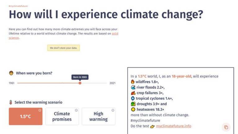 Simulação do My Climate Future, de universidade belga, mostra diferentes cenários de efeitos das mudanças climáticas, a depender da idade a da região onde se nasceu