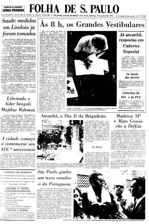 Primeira Página da Folha de 9 de janeiro de 1972