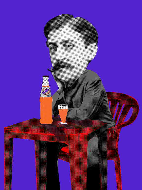 colagem que mostra o escritor francês Marcel Proust sentado em mesa de plástico de bar tomando uma garrafa de fanta laranja