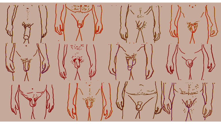 Ilustração representando diversos homens nus tendo seus pênis à mostra