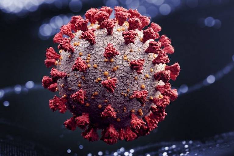Imagem ilustrativa do coronavírus mostra um objeto circular com pontos vermelhos.