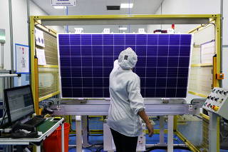 FILE PHOTO: Employees work on a solar energy panel of Chinese solar equipment manufacturer BYD in Campinas