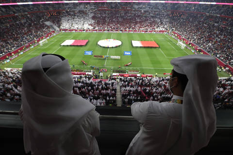 Soccer Football - Arab Cup - Group A - Qatar v Bahrain - Al Bayt Stadium, Al Khor, Qatar - November 30, 2021 General view inside the stadium as the teams line up before the match REUTERS/Amr Abdallah Dalsh