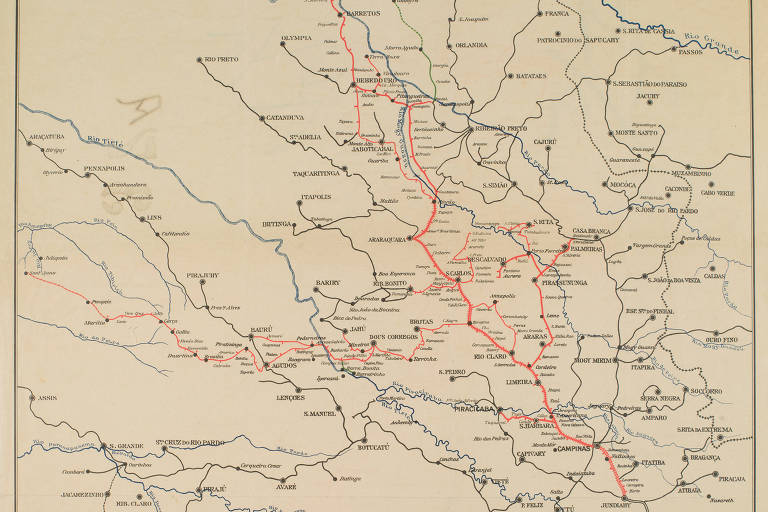 Imagem mostra mapa da Companhia Paulista de Estradas de Ferro, com uma série de ramais espalhados pelo interior