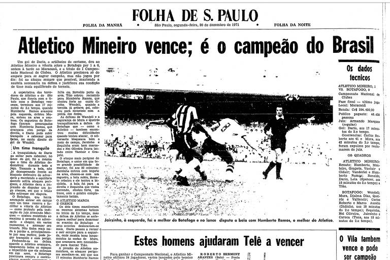 Título do Atlético-MG nas páginas da Folha, em 1971